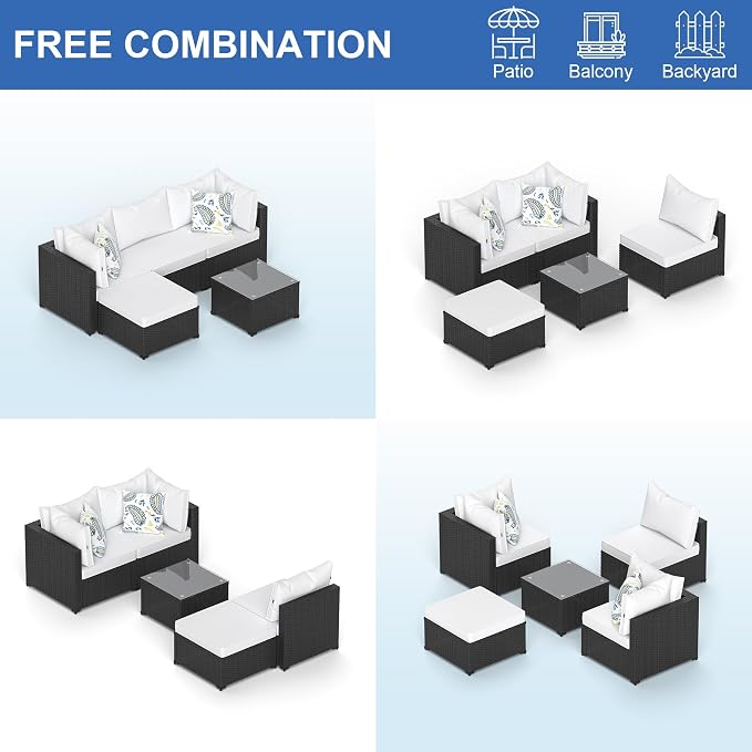 Patio Furniture Set, 5PCS Patio Sectional with Ottoman Wicker Rattan Outdoor Furniture with Thickened Cushion Modular Wicker Patio Conversation Set with Glass Top Table for Balcony, Backyard(White)