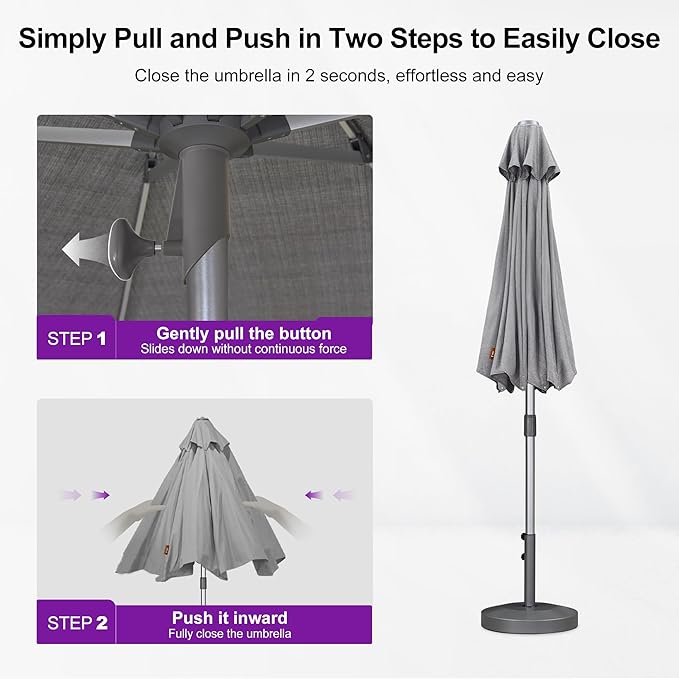 PURPLE LEAF 9 FT Semi-Auto Outdoor Patio Umbrella Market Table Sun Umbrellas with 8 Aluminum Sturdy Ribs for Backyard Deck Garden Pool (Silver Pole Gray Canopy)