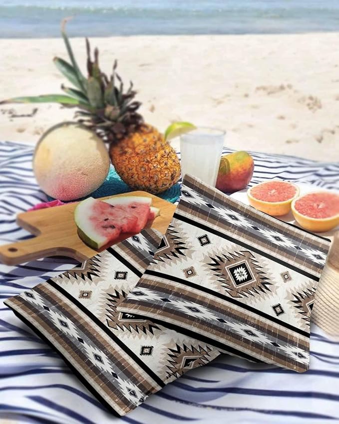 Outdoor Waterproof Throw Pillow Covers Set of 2 Brown Grey Boho Aztec Pillowcases 16x16 Inches Southwest Tribal Geometric Patio Decorative Pillows Cushion Case Patio Pillows for Couch Bed Chair Garden