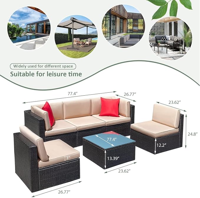 6-Piece Outdoor Patio Furniture Set with Manual Weaving Rattan Sectional Sofa, Glass Coffee Table, Cushions Included, Wicker Patio Conversation Set for Garden, Backyard, Porch Lounge Areas(Blue)
