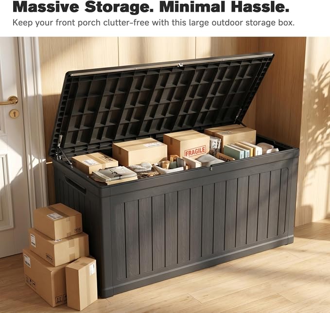 Large Outdoor Storage Deck Box, Resin Patio Container with Lockable Lid, Hydraulic Lift, Wood Texture Panels, Bench Table Function for Cushions Garden Tools Pool Gear Sports Equipment (260 Gallon)