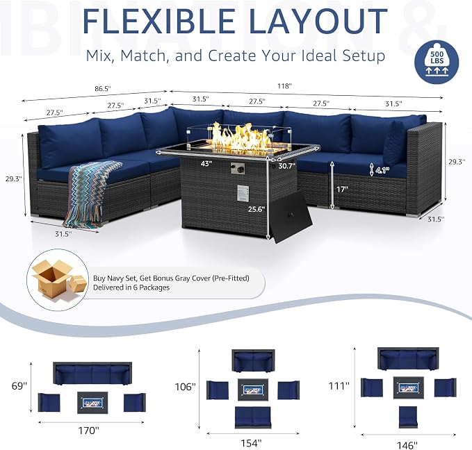NICESOUL 29.3'' High-Back Outdoor Patio Conversation Set with Fire Pit Table Gas Propane Dual-Fuel, 7 Pcs Oversized Deep & Wide Seated Wicker Sectional Sofa Furniture Set with Firepit, Navy Blue