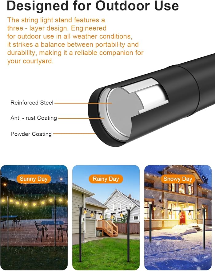 8 Pack String Light Poles for Outside with Ground Stakes and Fence Clips | Adjustable 7-section metal patio light poles for string lights and lanterns; for garden, patio, backyard and outdoor decor.