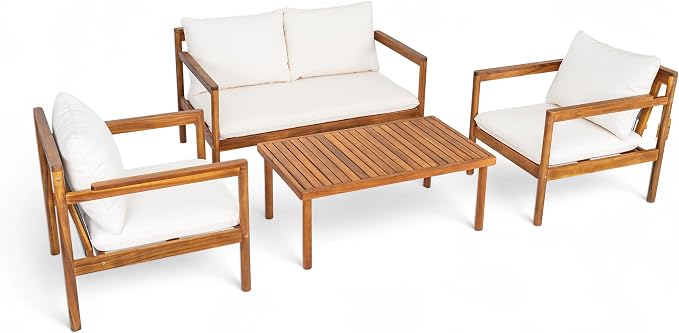 Christopher Knight Home Vorms 4-Piece Acacia Wood Patio Furniture Set with Rope Backrest, Patio Conversation Chat Set for Backyard Balcony, Outdoor 4-Seater Seating Group with Coffee Table, Teak+Cream
