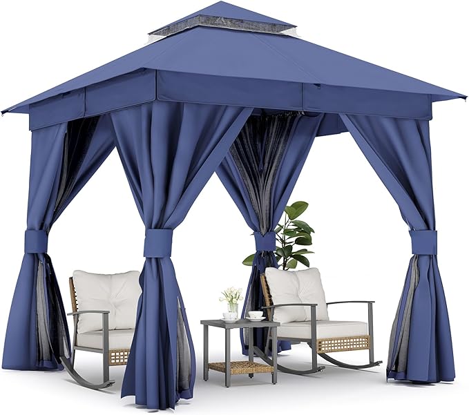 LAUSAINT HOME Patio Gazebo 8'x8', Outdoor Heavy Duty Party Tent Shelter with Double Roofs, Mosquito Nettings and Privacy Screens for Backyard, Garden, Lawn, Navy Blue