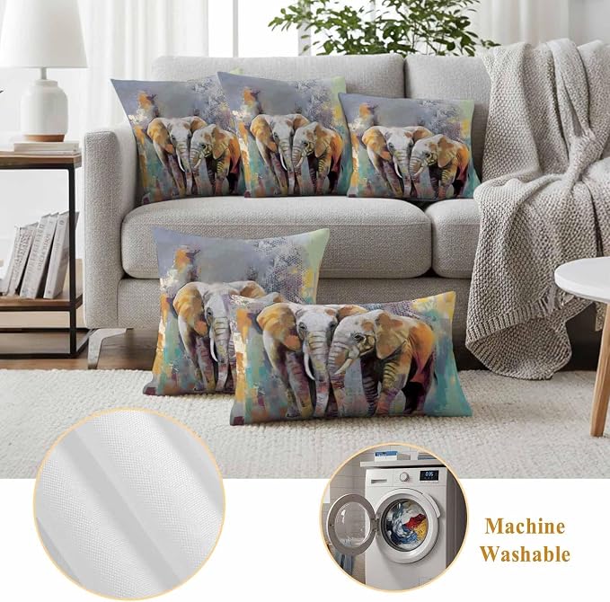 Elephants Outdoor Pillow Covers 16"x16" Set of 2, Animal Abstract Splatters Bohemian Waterproof Throw Pillow Covers for Patio Furniture, Decorative Cushion Covers for Porch