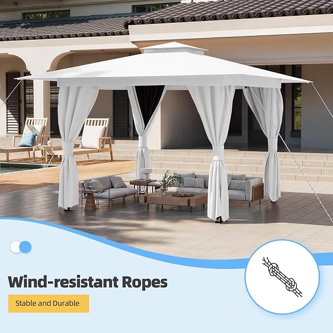 MELLCOM White 10'x10' Outdoor Gazebo for Patio, Heavy Duty Party Tent with Double Roofs, Outdoor Canopy with Curtains and Nettings for Deck, Lawn and Backyard