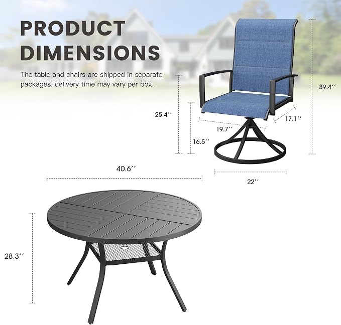 Outdoor Dining Set for 4, 40.7" Outdoor Dining Table with Umbrella Hole and Padded Textilene Patio Swivel Chairs, 5 Pieces Patio Table and Chairs Set for Garden Backyard, Dark Blue and Black