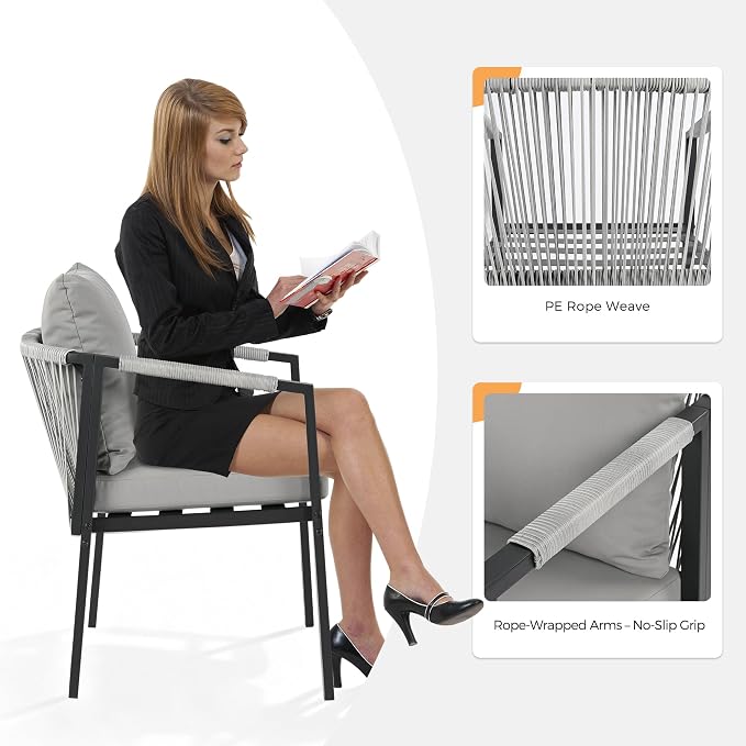Patio Dining Set 7-Piece Woven Rope Rattan Dining Table and Chairs Set | Outdoor Metal Woven Wicker Rope Chairs with Cushions, All-Weather PE Rattan Outdoor Dining Set for Lawn Garden