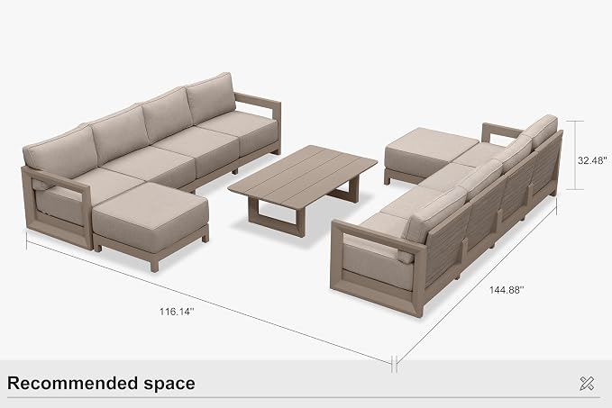 PURPLE LEAF Patio Furniture Set L-Shaped Outdoor Couch with 9.6" Thick Cushion and Soft Pillows 11 Piece Outdoor Sectional Sofas with Table Modern Outdoor Conversation Sets for Yard Porch Deck, Khaki