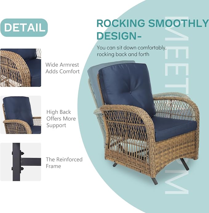 MEETWARM 5 Pieces Outdoor Wicker Patio Conversation Sets with Glider Loveseat, 2 Chairs with 2 Glass-Top Coffee Table Wicker Rocking Glider Set, Wicker Conversation Set w/Thickened Cushions, Navy Blue