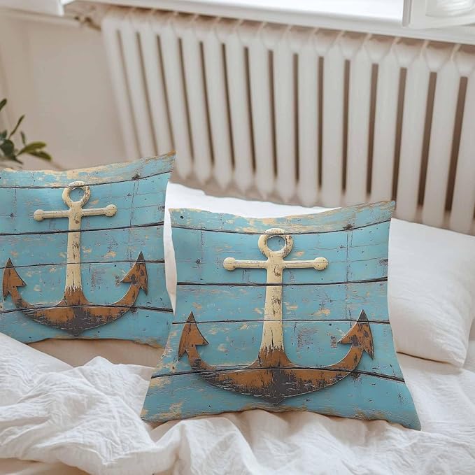 Vintage Anchor Waterproof Outdoor Pillow Covers Set of 2 Home Decor, Coastal Nautical Blue Brown Wooden Pillowcase Patio Pillow Covers for Couch Bench Furniture Garden 18x18in