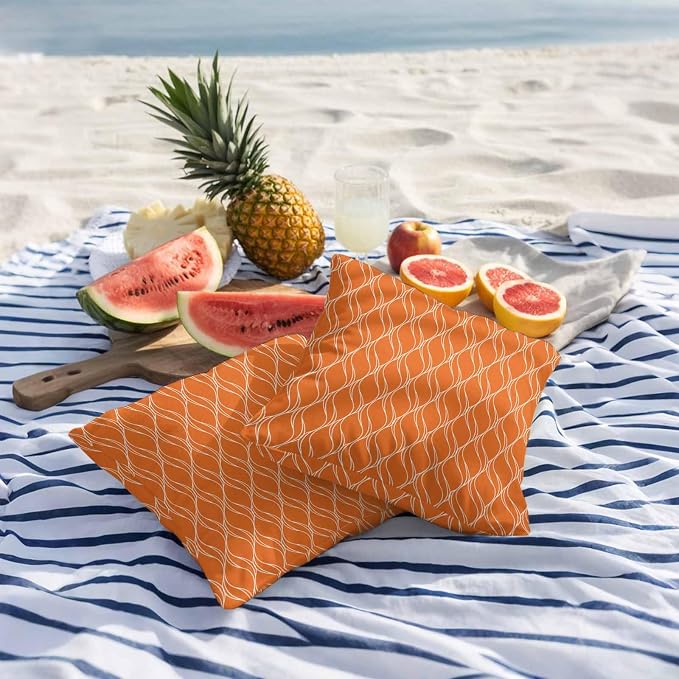 Orange Stripes Outdoor Pillow Covers 20x20 Inch Throw Pillow Covers Set of 2 Waterproof Decorative Pillow Cases Simple Geometric Modern Monochrome Cushion Covers for Patio Furniture Garden Couch Sofa