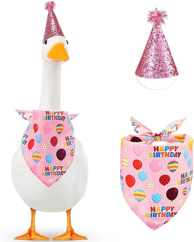 Happy Birthday Goose Outfit with Glitter Hat and Bandana,Pink | for 23" 17" Cement Plastic Porch Goose, Outdoor Statue Patio Yard Lawn Art