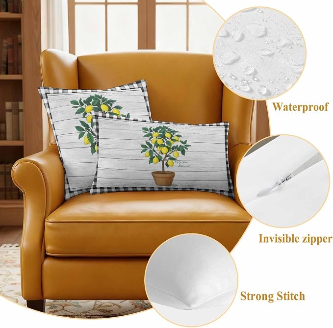 Summer Yellow Lemons Outdoor Waterproof Pillow Covers Set of 2, Green Leaf Botanical Gardens Wood Grain Plaid Pillowcase Decorative Throw Cushion Cases for Patio Garden Couch 20 x 20 Inches