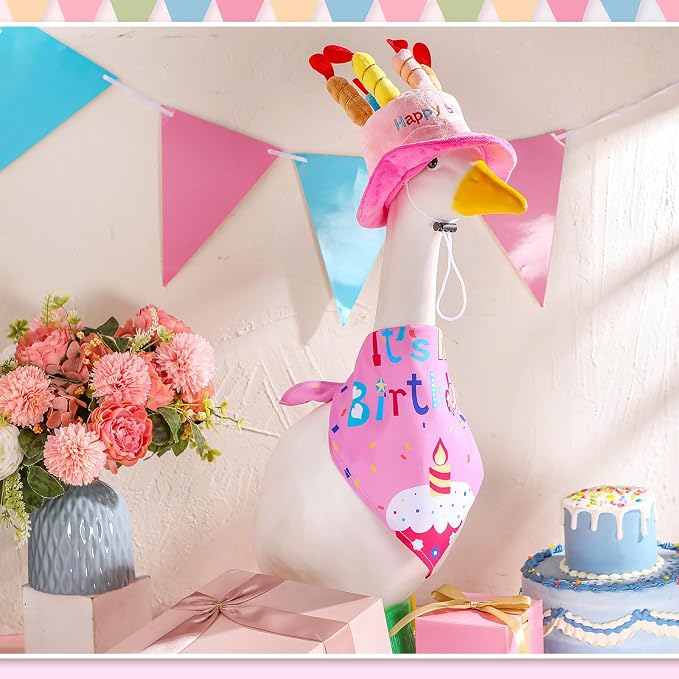 Dansydaisy Happy Birthday Goose Outfit Porch Goose Outfits with Happy Birthday Cake Hat and Bandana Yard Geese Outfits for 23" 17" Cement Plastic Geese Duck Decorations(Style 1,Pink)