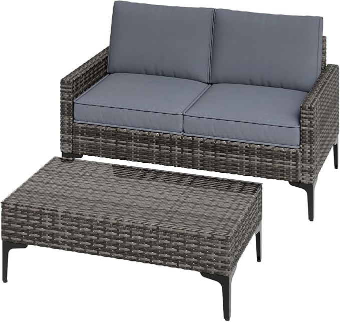 2 Piece Outdoor Loveseat with Coffee Table, All-Weather Wicker Patio Sofa Set with Cushions for Garden, Poolside, Porch, Grey