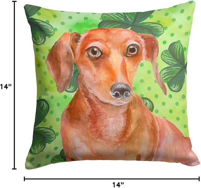 Caroline's Treasures BB9881PW1414 Red Dachshund St Patrick's Fabric Decorative Pillow, Green Machine Washable, Indoor Outdoor Decorative Pillow for Couch, Bed or Patio, 14Hx14W