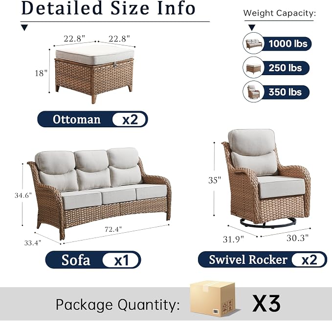 Luxury High Back Outdoor Furniture with 6-Inch Thick Cushions, Patio Furniture Set with Swivel Chairs, 5 PCS Wicker Conversation Set for Porch, Balcony, Deck and Yard