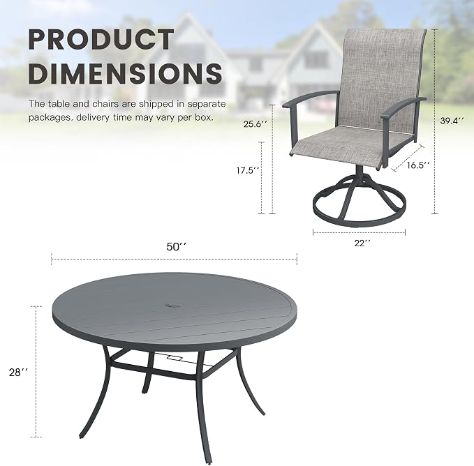 7 Pieces Round Patio Dining Set, Outdoor Furniture of 50" Round Patio Table and Patio Swivel Chairs for Backyard Lawn Garden, Dark Grey Table and Grey Chairs