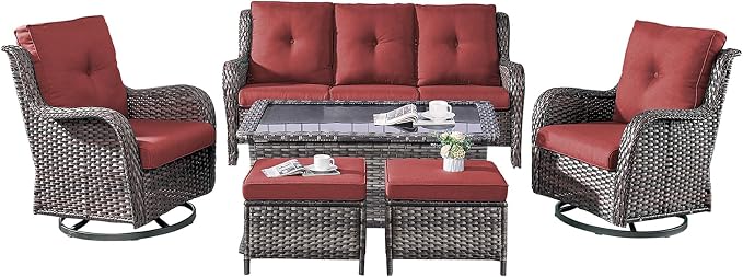 Rilyson Wicker Patio Furniture Set - 6 Piece Rattan Outdoor Sectional Conversation Sets with 2 Rocking Chair,2 Ottoman,1 Sofa and 1 Coffee Table for Porch Deck Garden(Mixed Grey/Red)