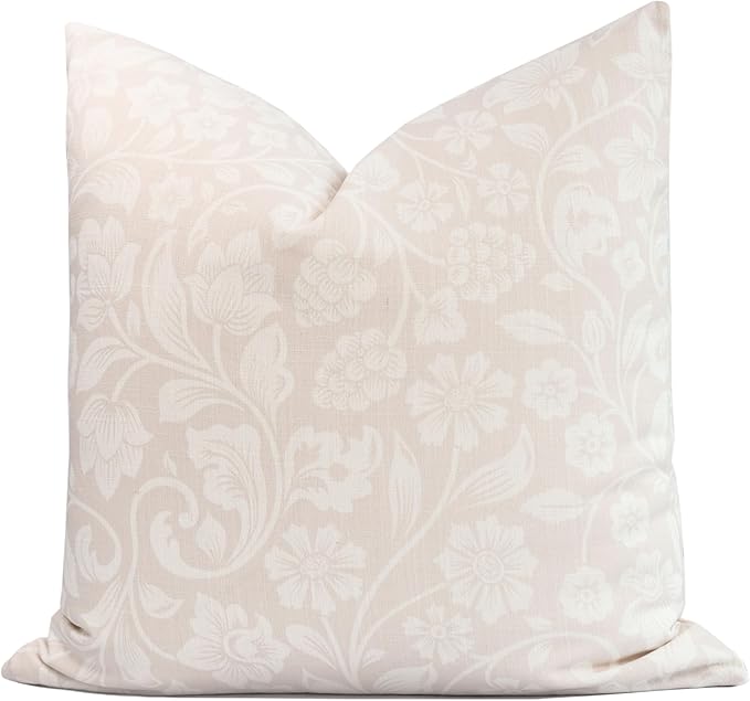 Coastal Linen Indoor Outdoor Throw Pillow Cover Only, 22"x22" Water Repellent for Patio, Backyard, Couch, Neutral Beige Floral
