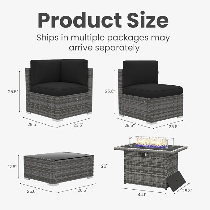 8 Pieces Patio Furniture Set with 44" Propane Gas Fire Pit Table, Outdoor Sectional Wicker Conversation Sofa Sets with Coffee Table