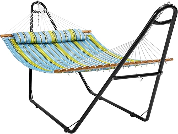 VEVOR Double Quilted Fabric Hammock with Universal Steel Stand, 2 Person Hammock with Stand, Detachable Pillow & Portable Bag 480lbs Capacity Free Standing Hammock for Outside, Patio, Garden, Beach