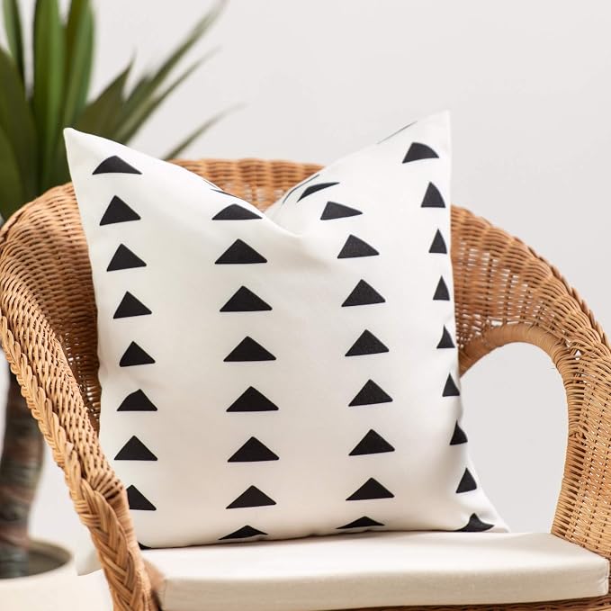 Hofdeco Mudcloth Inspired Patio Indoor Outdoor Pillow Cover ONLY for Backyard, Couch, Sofa, White Black Triangles, 18"x18"