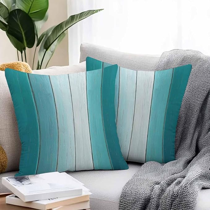 Throw Pillow Covers 18x18 Inch Set of 2, Aqua Ombre Waterproof Outdoor Cushion Covers, Vintage Country Wooden Decorative Pillowcases for Couch, Sofa, Bed, Garden, Patio