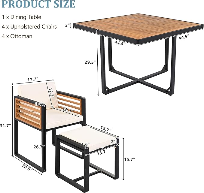 18-Piece Outdoor Patio Acacia Wood Dining Table Set, 2 Square Table with 8 Cushioned Chairs& 8 Stools, All-Weather Resistant Conversation Set with Metal Frame, Space-Saving Design for 8 (Beige-18P)