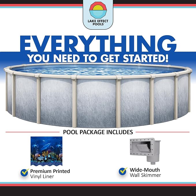 Lake Effect Pools 'Bermuda' 18 ft Round Above Ground Swimming Pool | 48 Inch Walls | 6" Steel Top Ledge | Bundle Includes: 25 Gauge Overlap Liner & Widemouth Skimmer