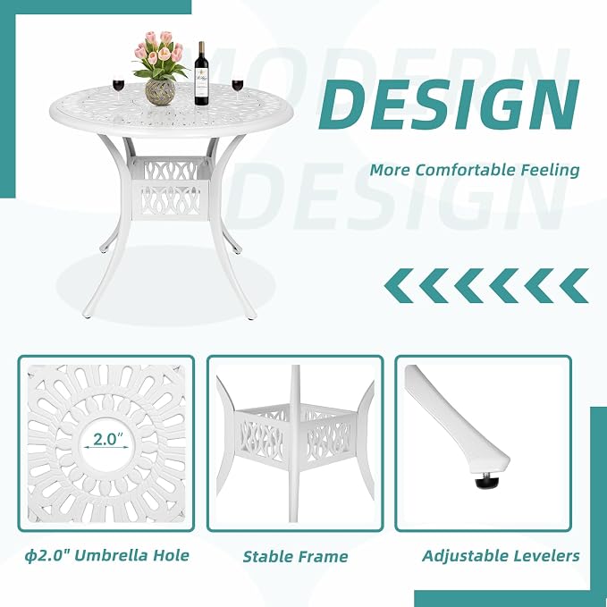 MEETWARM 3 Piece Patio Bistro Set, Outdoor All-Weather Cast Aluminum Dining Furniture Set Includes 2 Chairs and a 35.4” Round Table with Umbrella Hole for Garden Deck, White