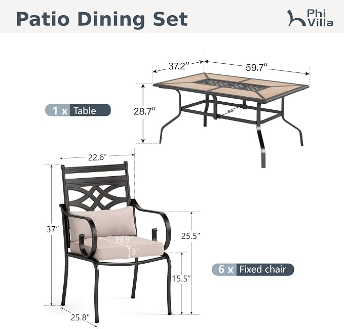 PHI VILLA Patio Dining Set, for 6 | E-Coated and Steel, Rectangle Table, Beige Cushion, 1.57in Umbrella Hole
