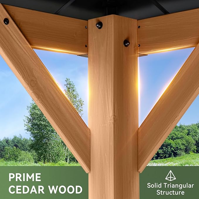 Aoxun 10' x 12' Outdoor Wood Gazebo, Hardtop Gazebo Permanent Wooden Pavilion with Galvanized Steel Double Roof, for Patio, Garden, Deck, Cedar Wood, Natural