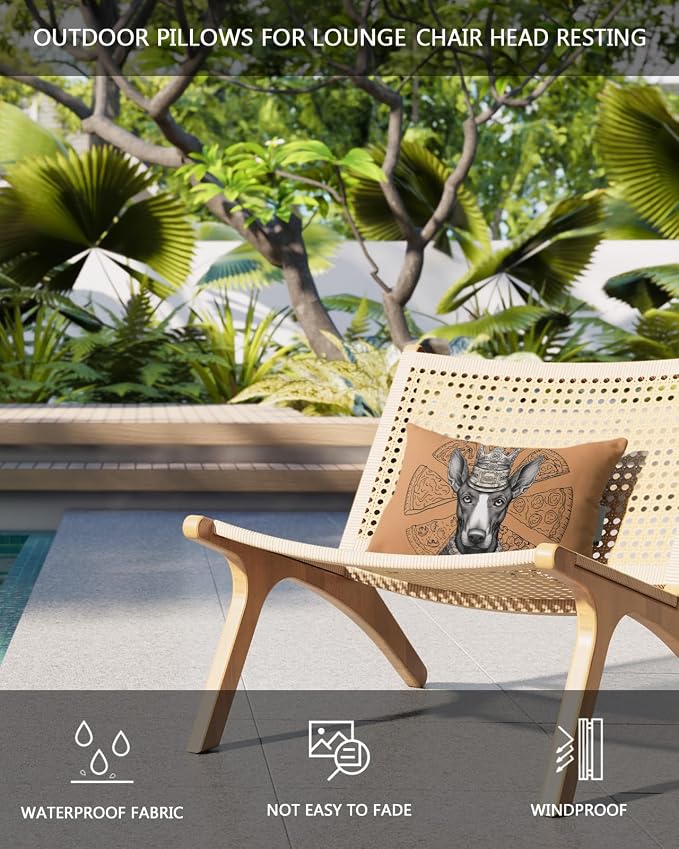 Outdoor Pillows Covers with Inserts Pet Dog with A Crown Thinking About Pizza Waterproof Recliner Pillow with Adjustable Strap Throw Pillows for Patio Furniture Pool Lounge Chair, 12x20 inch, 2PCS
