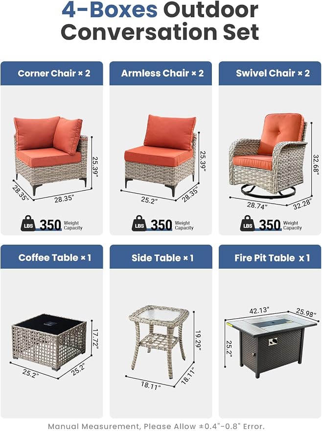 9-Piece Outdoor Patio Furniture Set with Fire Pit Table, Outdoor Conversation Wicker Sofa with Swivel Chairs, Rattan Couch with Coffee Table for Deck, Backyard, Poolside (Orange)
