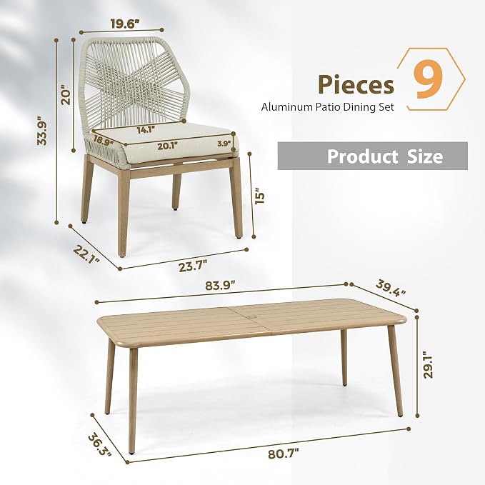 HAPPATIO Outdoor Dining Sets for 8, 9-Piece Patio Table and Chairs Set, Rope Woven Chairs with Cushions, Wood-Grain Aluminum Frame Patio Dining Set for Outside, Lawn, Garden, Backyard