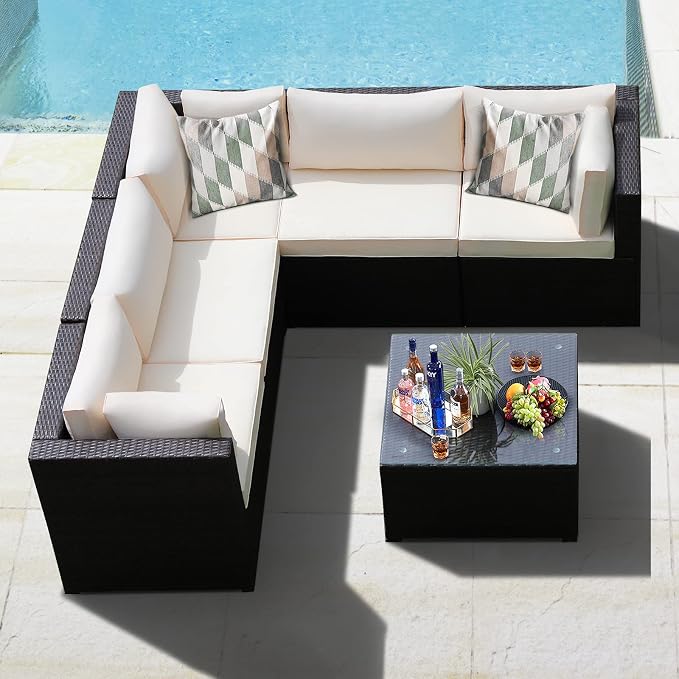 Tangkula 6 Pieces Patio Furniture Set, Outdoor Rattan Sofa Set, Wicker Conversation Set w/Tempered Glass Coffee Table & Cushions, Sectional Sofa Set for Backyard, Garden, Balcony, Poolside (Beige)