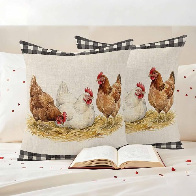 Farmhouse Rooster Outdoor Waterproof Pillow Covers, Farm Chicken Animals Retro Buffalo Plaid Decorative Square Throw Pillowcase Sofa Cushion Sham for Patio/Couch/Chair, 24"x24" 2 Pack