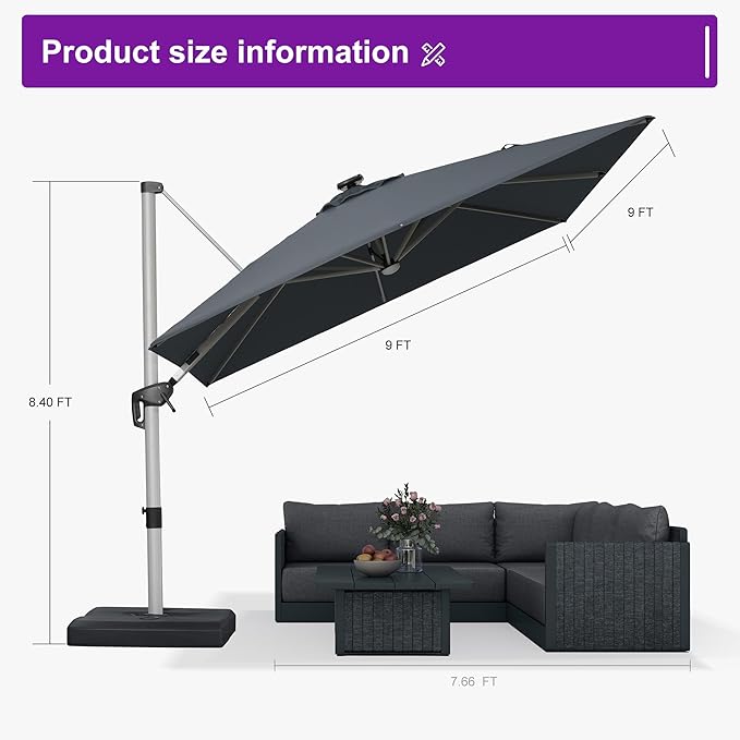 PURPLE LEAF 9 Feet Patio Umbrella with Lights Outdoor Square Cantilever Umbrella Solar Powered LED with 360-degree Rotation for Garden Deck Pool Patio, Grey