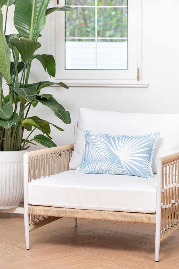 Hofdeco Premium Coastal Hampton Style Patio Indoor Outdoor Lumbar Pillow Cover Only, 12"x20" Water Resistant for Backyard, Couch, Baby Blue Palm Leaf