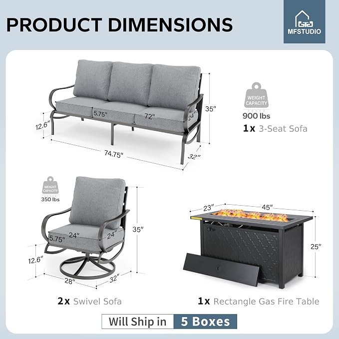 MFSTUDIO 6 Pieces Patio Furniture Sets with 45" Gas Fire Pit Table(Up to 7 Seat),Outdoor Metal Frame Patio Conversation Sofas with 1 x 3-Seat Sofa, 2 Swivel Chairs and 2 Ottoman, Grey Cushion