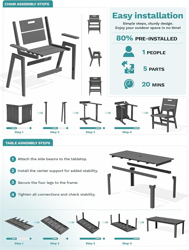 SERWALL 9-Piece HDPE Outdoor Patio Dining Set, All-Weather Rectangular Table with Umbrella Hole & 8 Arm Chairs, Weather Resistant Heavy Duty Outdoor Furniture for Backyard, Deck, Garden, Gray