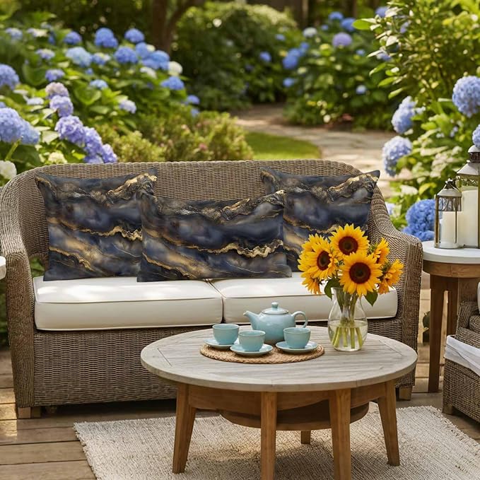 Modern Abstract Waterproof Outdoor Pillow Covers Set of 2 Home Decor, Luxury Black Golden Marble Texture Pillowcase Patio Pillow Covers for Couch Bench Furniture Garden 20x12in