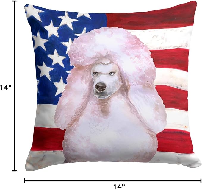 Caroline's Treasures BB9717PW1414 White Standard Poodle Patriotic Fabric Decorative Pillow Machine Washable, Indoor Outdoor Decorative Pillow for Couch, Bed or Patio, 14Hx14W