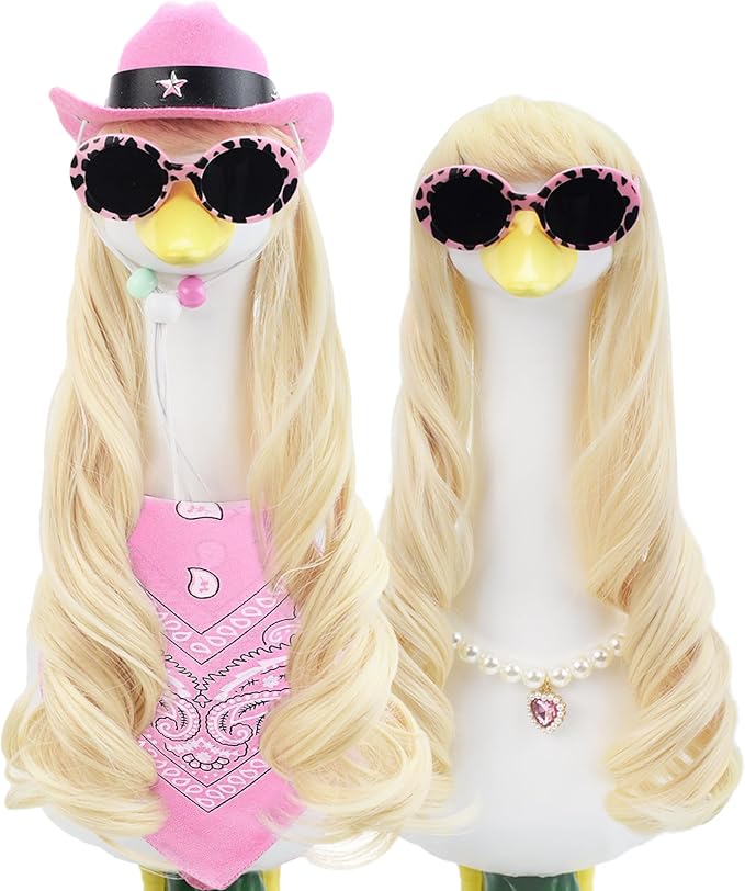 Cowgirl Porch Goose Outfit 5 Pieces Porch Goose Accessories with 1 Blonde Long Goose Wigs Cowgirl Hat Bandana for Outdoor Decor