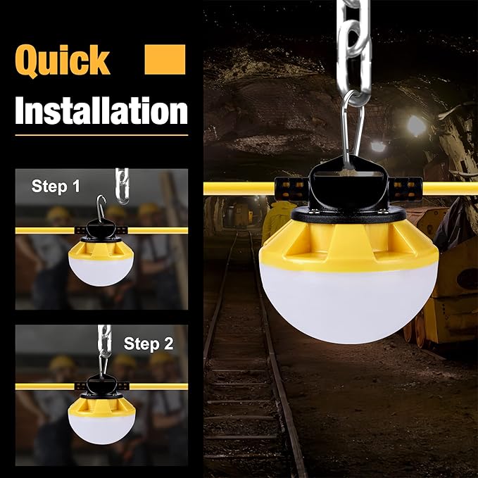 50FT LED Construction String Light, 50W 6000Lm,18AWG Wire,5000K Linkable String Work Lights with 5 Bulbs & Hooks, Industrial Temporary Lighting for Construction Site, Crawl Space,Job Site,Attic