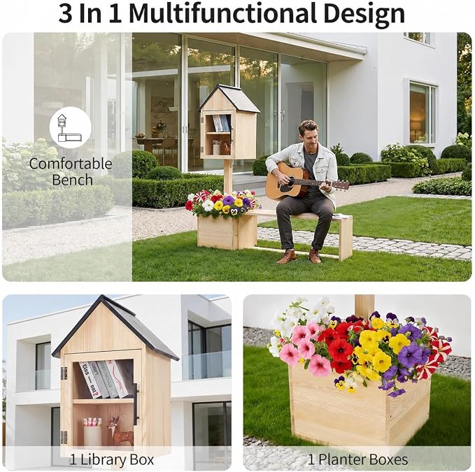 Little Library Box Outdoor with Bench & Planter, 3-in-1 Solid Pine Wood Community Book Exchange Box, Outdoor Neighborhood Library Station with Ground Stakes for School, Garden, Park & Patio