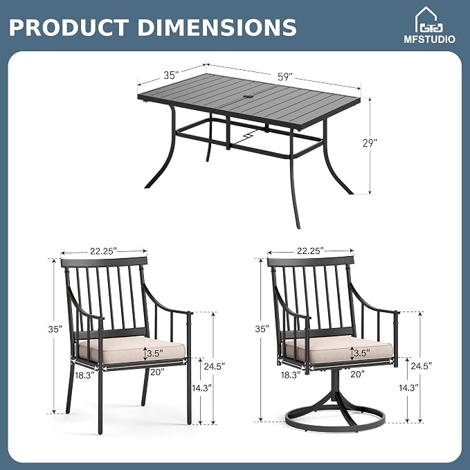 MFSTUDIO 7-Piece Patio Dining Set, Swivel Metal Chairs, Umbrella Hole | 59" Rectangular Metal Table, Beige, Removable Cushions